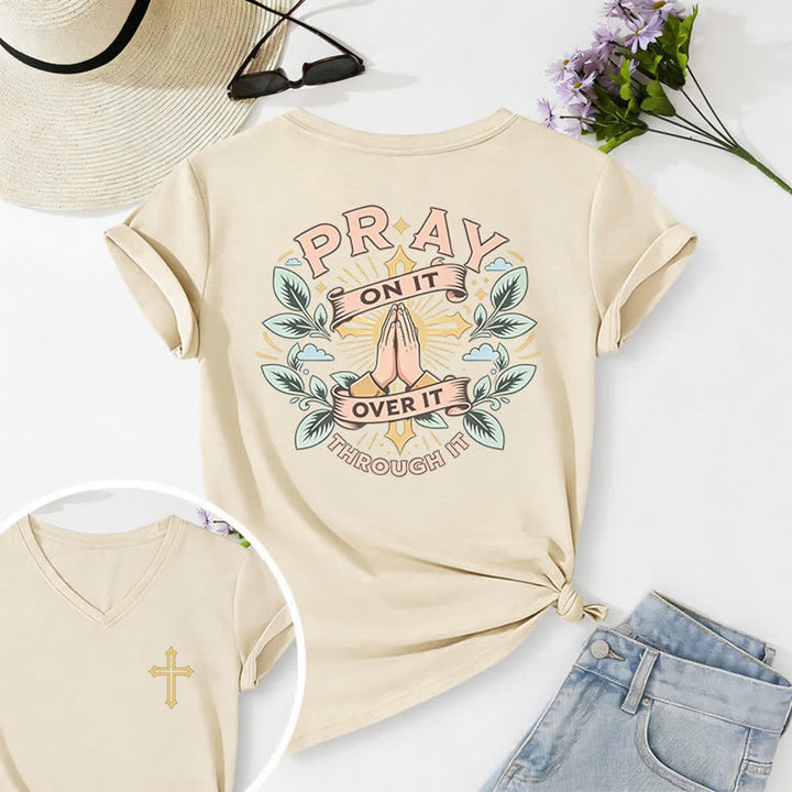 Christianartworkshop Pray On It Side Knot Rolled Sleeve Women's V Neck Tee - Beige - 2XL - image 12