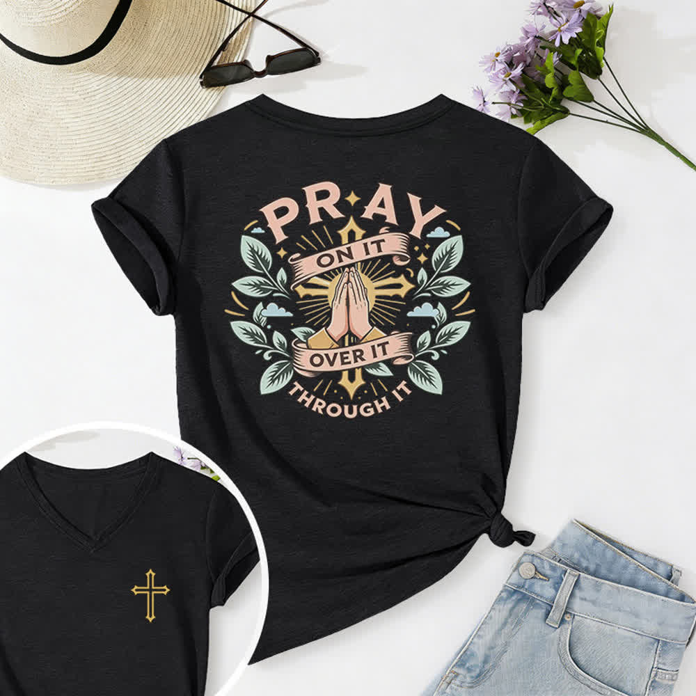 Christianartworkshop Pray On It Side Knot Rolled Sleeve Women's V Neck Tee - Black - 2XL - image 0
