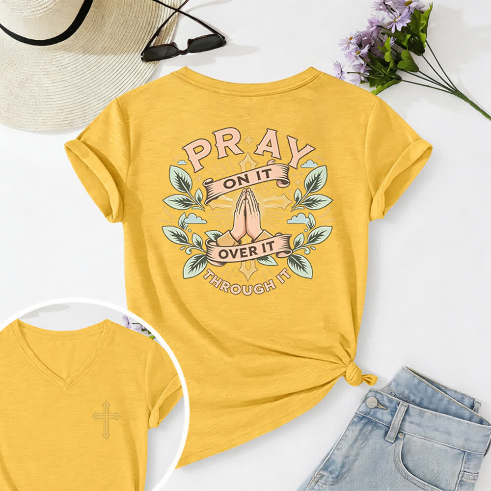 Christianartworkshop Pray On It Side Knot Rolled Sleeve Women's V Neck Tee - Yellow - 2XL - image 42