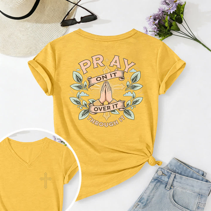 Christianartworkshop Pray On It Side Knot Rolled Sleeve Women's V Neck Tee - Yellow - 2XL - image 42