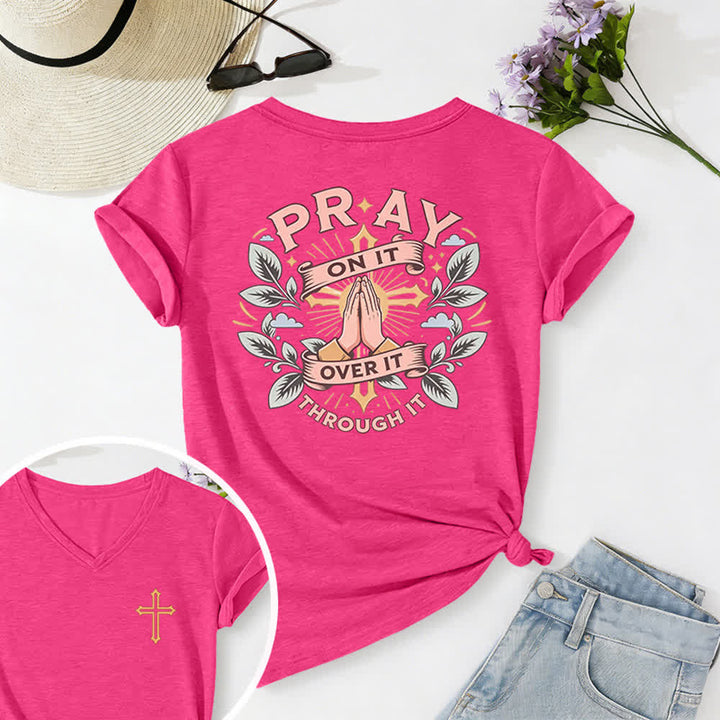 Christianartworkshop Pray On It Side Knot Rolled Sleeve Women's V Neck Tee - Rose - 2XL - image 72