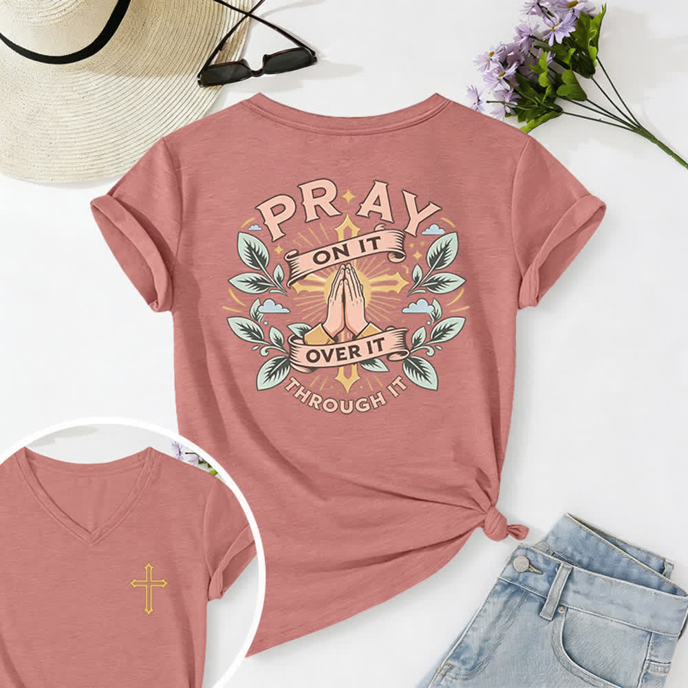 Christianartworkshop Pray On It Side Knot Rolled Sleeve Women's V Neck Tee - Pink - 2XL - image 24