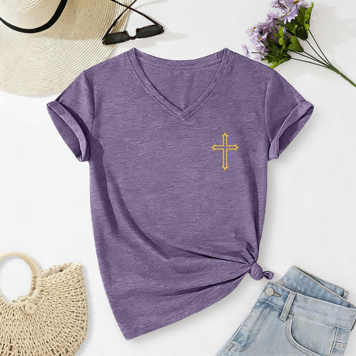 Christianartworkshop Pray On It Side Knot Rolled Sleeve Women's V Neck Tee - image 56