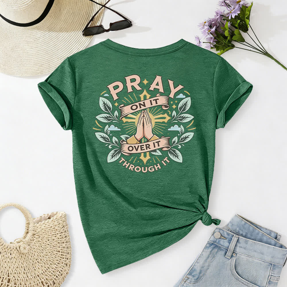 Christianartworkshop Pray On It Side Knot Rolled Sleeve Women's V Neck Tee - image 49