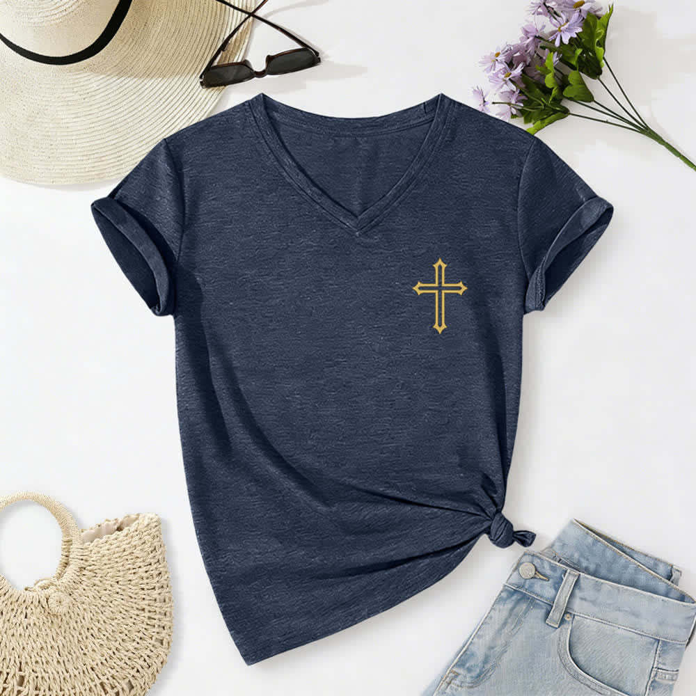 Christianartworkshop Pray On It Side Knot Rolled Sleeve Women's V Neck Tee - image 38