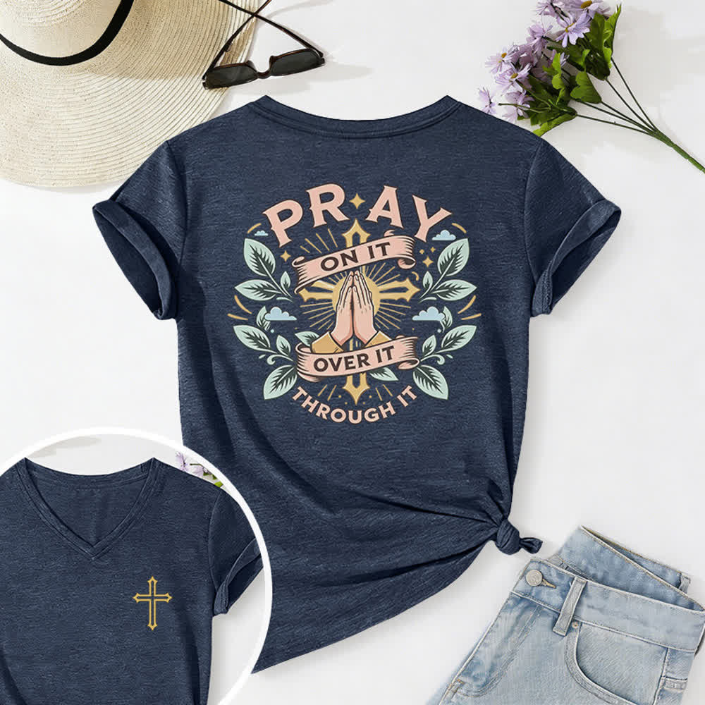 Christianartworkshop Pray On It Side Knot Rolled Sleeve Women's V Neck Tee - Navy Blue - 2XL - image 36