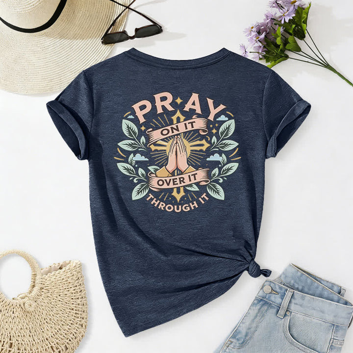 Christianartworkshop Pray On It Side Knot Rolled Sleeve Women's V Neck Tee - image 37