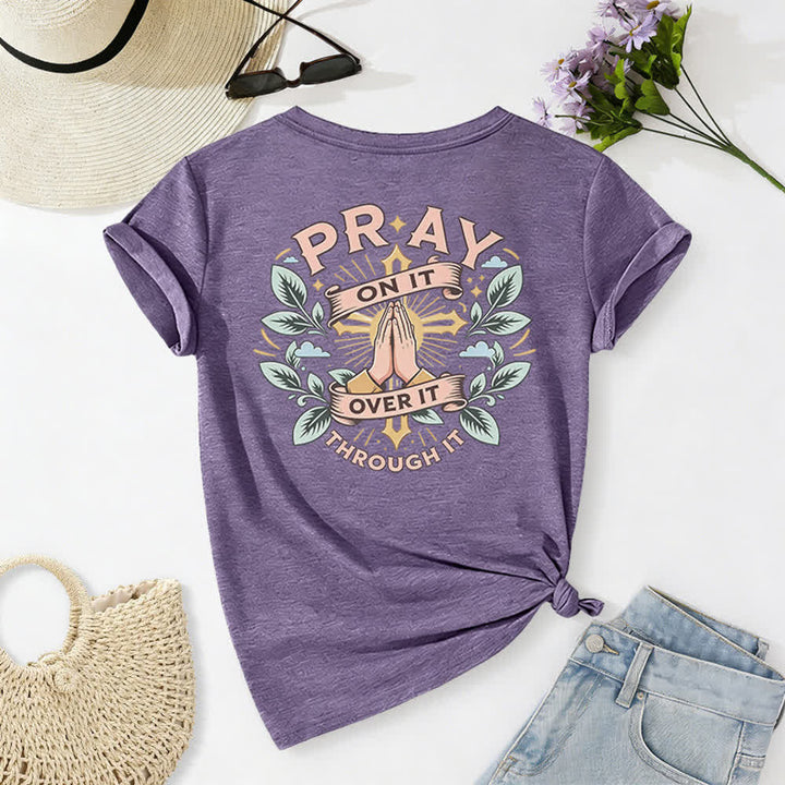 Christianartworkshop Pray On It Side Knot Rolled Sleeve Women's V Neck Tee - image 55