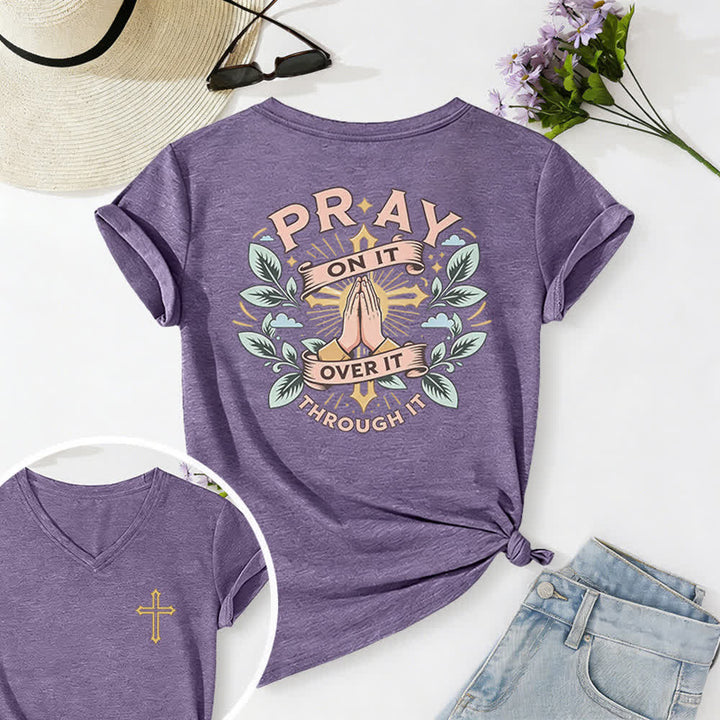 Christianartworkshop Pray On It Side Knot Rolled Sleeve Women's V Neck Tee - Purple - 2XL - image 54