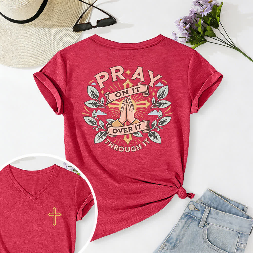 Christianartworkshop Pray On It Side Knot Rolled Sleeve Women's V Neck Tee - Red - 2XL - image 66