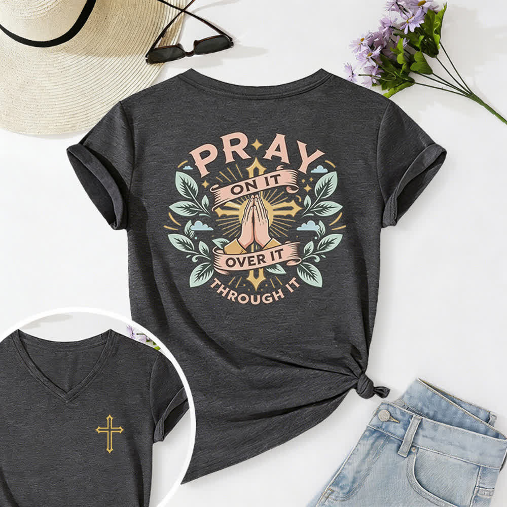 Christianartworkshop Pray On It Side Knot Rolled Sleeve Women's V Neck Tee - Dark Grey - 2XL - image 30