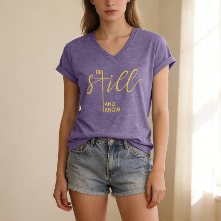 Christianartworkshop Be Still And Know Heather Purple Women's V Neck Tee - image 1