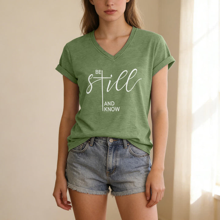 Christianartworkshop Be Still And Know Heather Purple Women's V Neck Tee - image 5