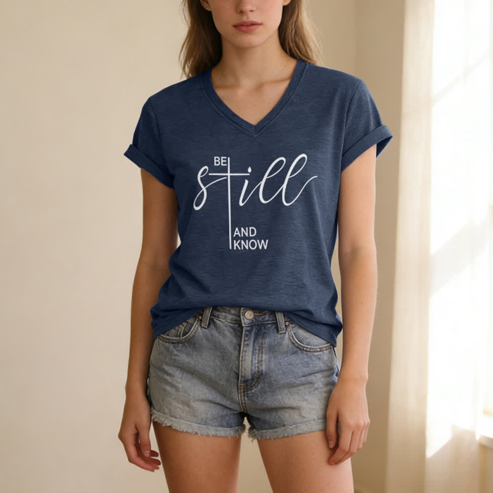 Christianartworkshop Be Still And Know Heather Purple Women's V Neck Tee - image 11