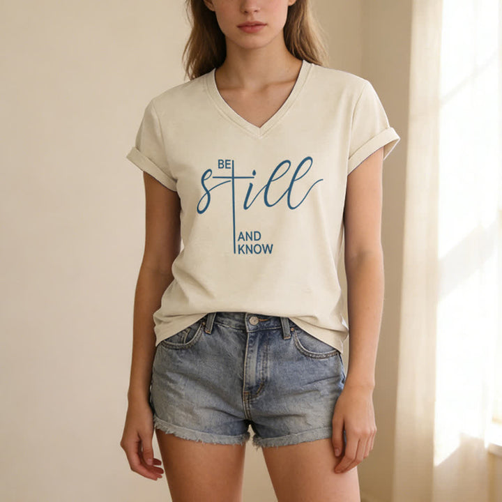 Christianartworkshop Be Still And Know Heather Purple Women's V Neck Tee - image 15