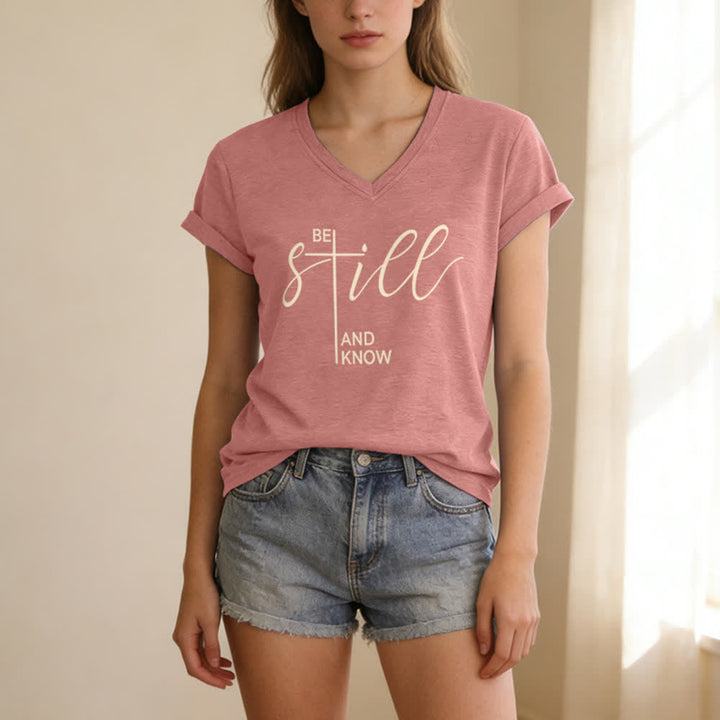 Christianartworkshop Be Still And Know Heather Purple Women's V Neck Tee - image 7