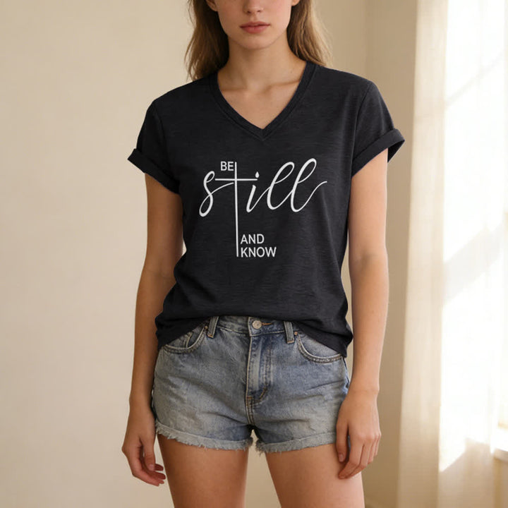 Christianartworkshop Be Still And Know Heather Purple Women's V Neck Tee - image 17