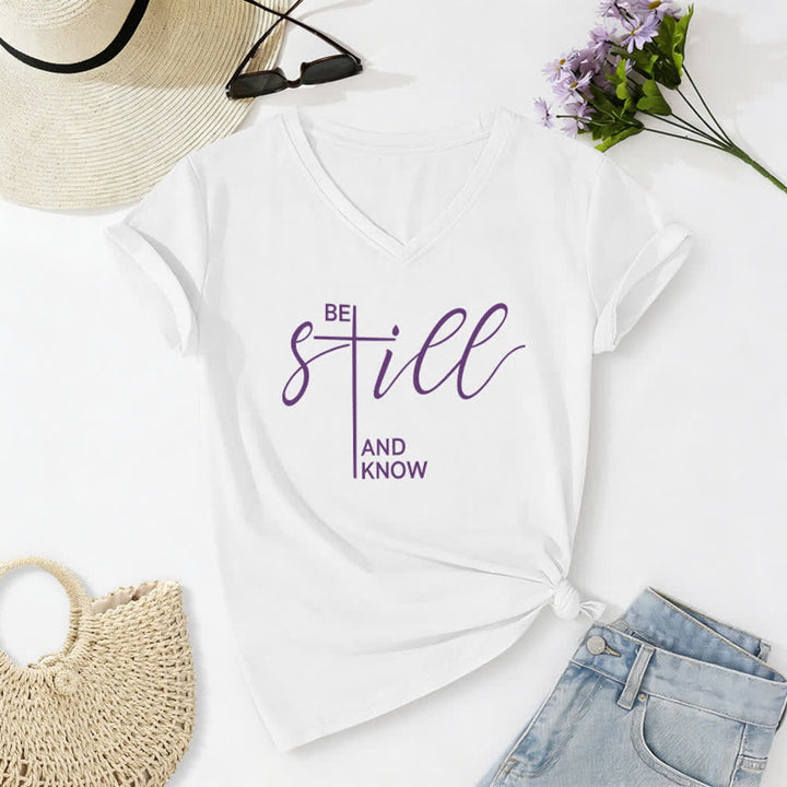 Christianartworkshop Be Still And Know Heather Purple Women's V Neck Tee - White - 2XL - image 2