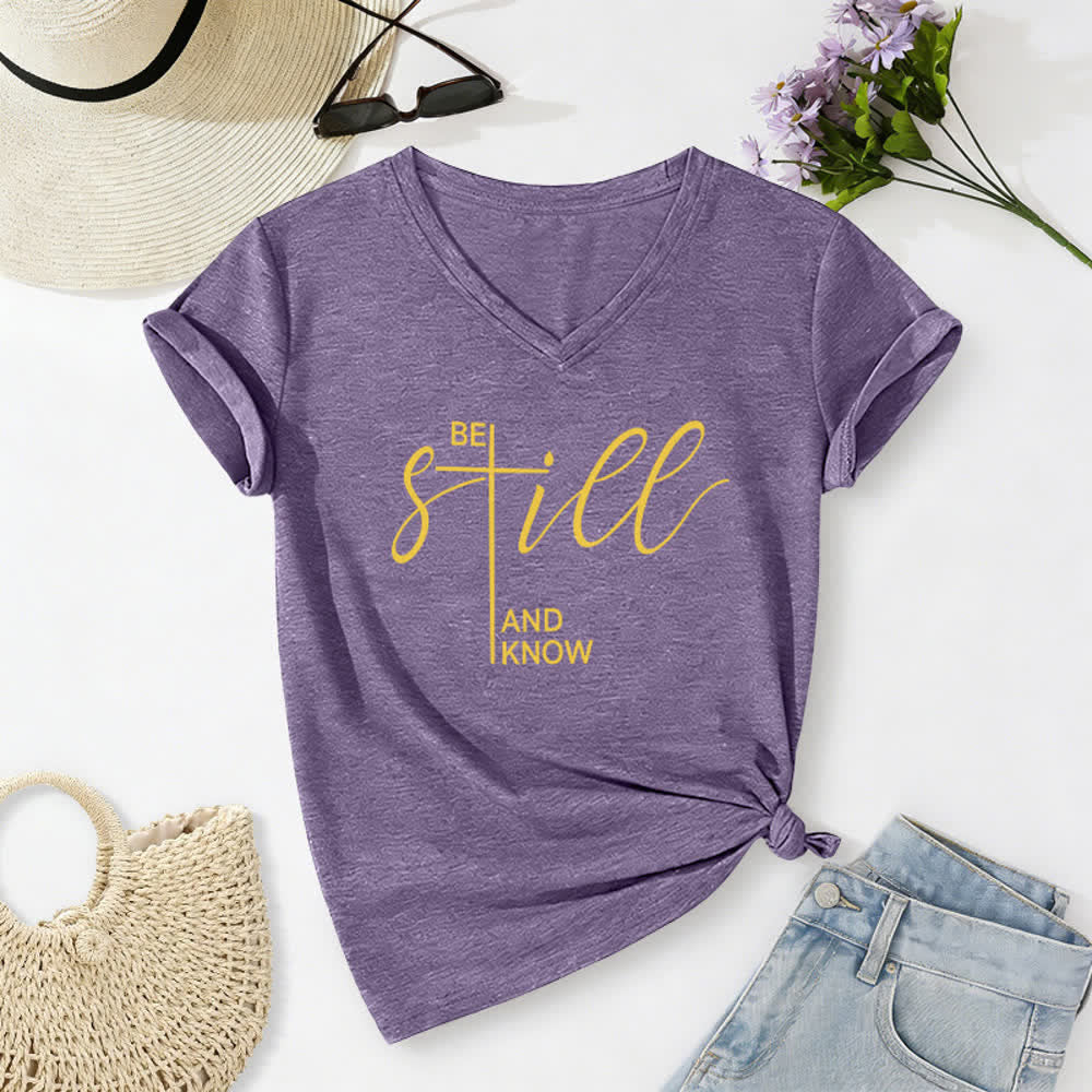 Christianartworkshop Be Still And Know Heather Purple Women's V Neck Tee - Purple - 2XL - image 0