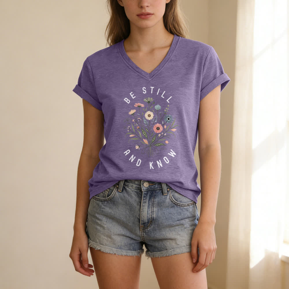 Christianartworkshop Be Still And Know Floral Knot Hem Women's V Neck Tee - image 21