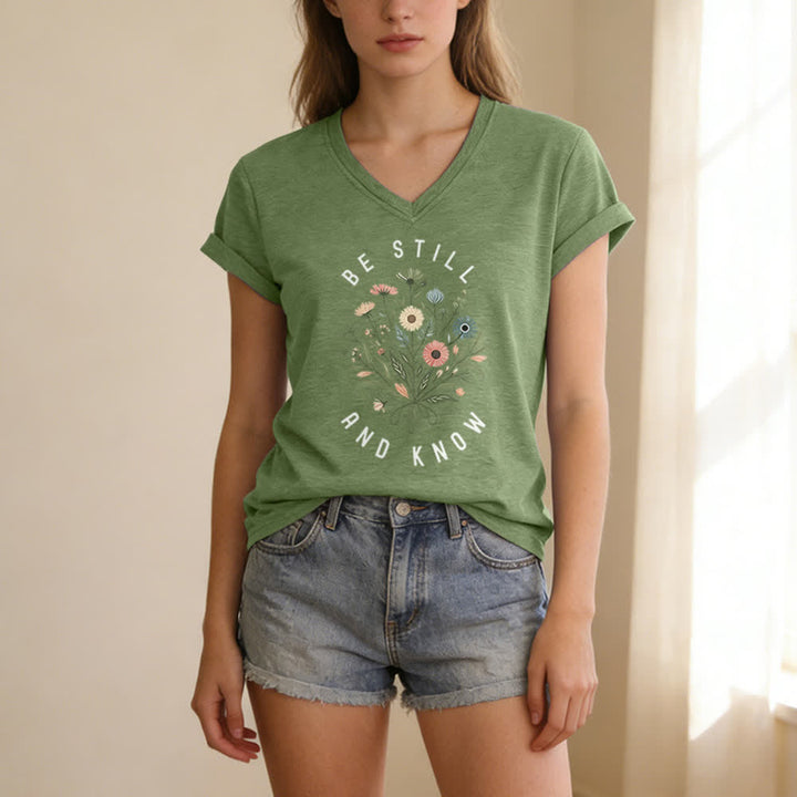 Christianartworkshop Be Still And Know Floral Knot Hem Women's V Neck Tee - image 25