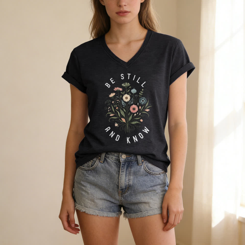 Christianartworkshop Be Still And Know Floral Knot Hem Women's V Neck Tee - image 13