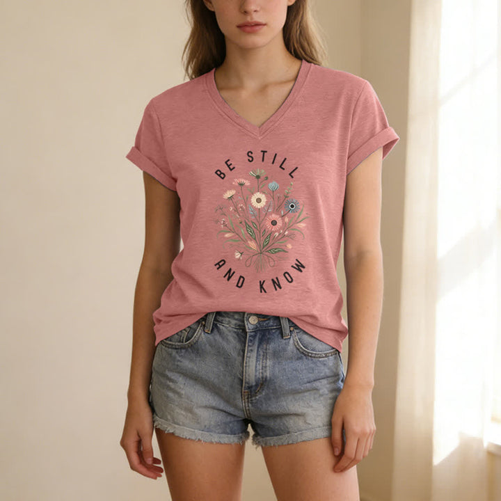 Christianartworkshop Be Still And Know Floral Knot Hem Women's V Neck Tee - image 5