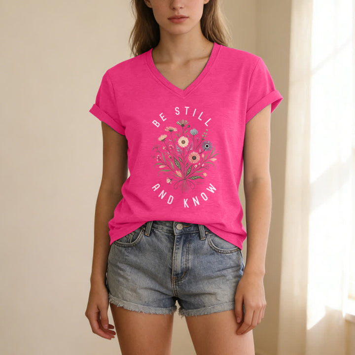 Christianartworkshop Be Still And Know Floral Knot Hem Women's V Neck Tee - image 17