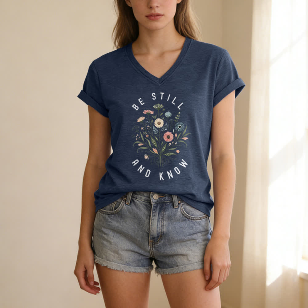 Christianartworkshop Be Still And Know Floral Knot Hem Women's V Neck Tee - image 1