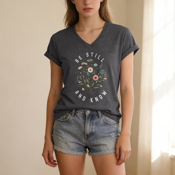 Christianartworkshop Be Still And Know Floral Knot Hem Women's V Neck Tee - image 3