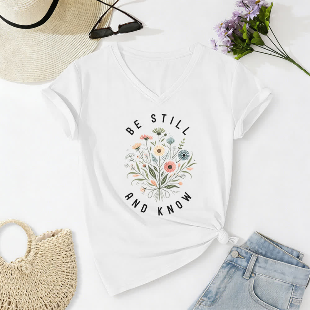 Christianartworkshop Be Still And Know Floral Knot Hem Women's V Neck Tee - White - 2XL - image 10