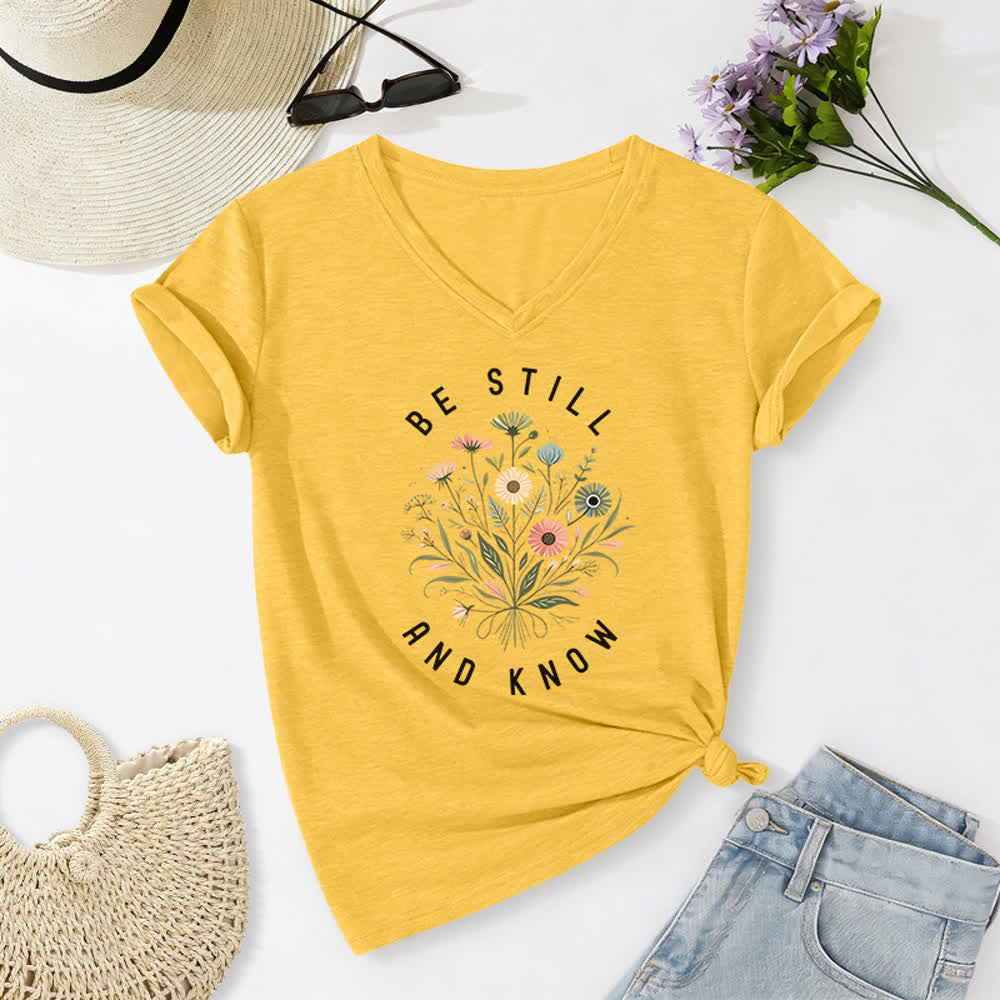 Christianartworkshop Be Still And Know Floral Knot Hem Women's V Neck Tee - Yellow - 2XL - image 8
