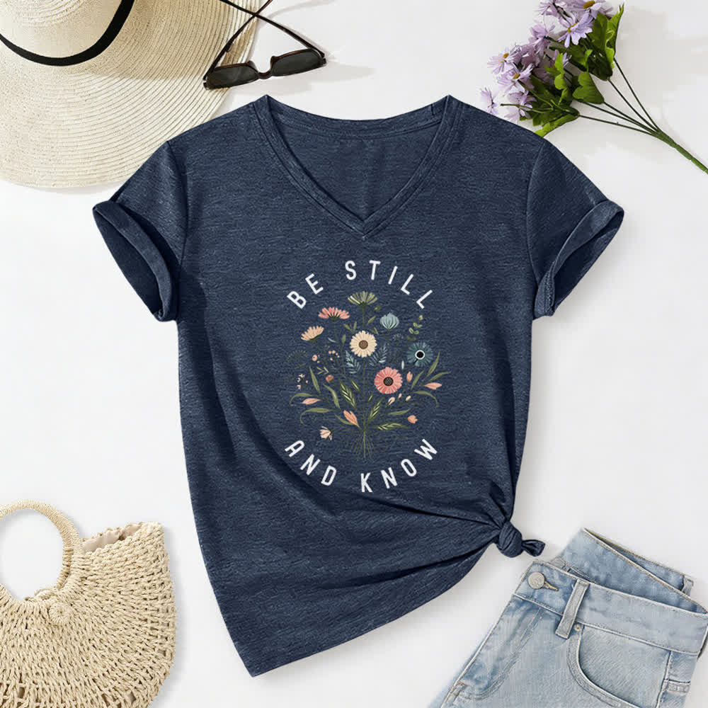 Christianartworkshop Be Still And Know Floral Knot Hem Women's V Neck Tee - Navy Blue - 2XL - image 0