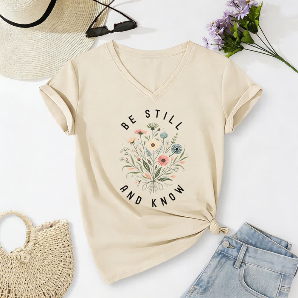 Christianartworkshop Be Still And Know Floral Knot Hem Women's V Neck Tee - Beige - 2XL - image 6