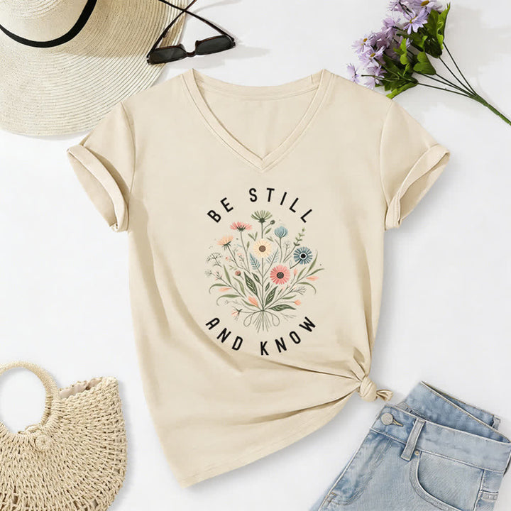 Christianartworkshop Be Still And Know Floral Knot Hem Women's V Neck Tee - Beige - 2XL - image 6