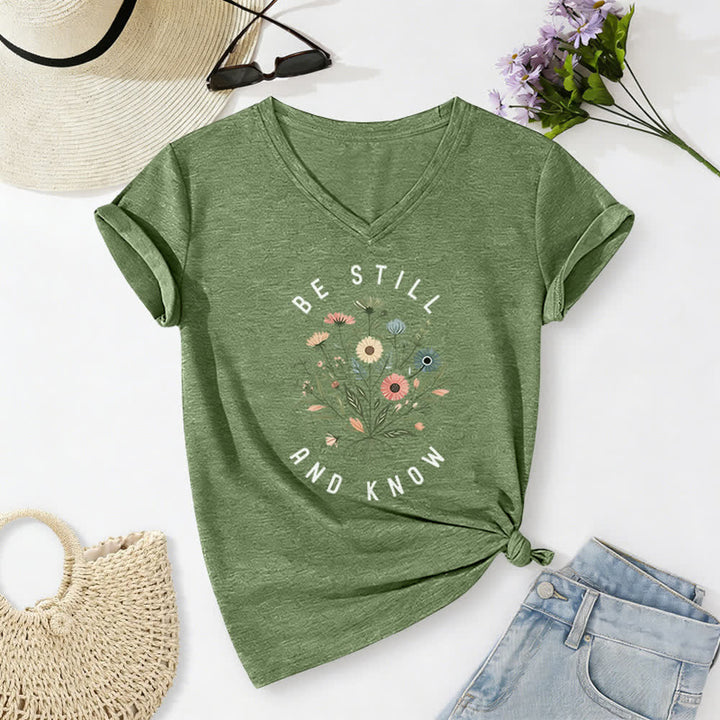 Christianartworkshop Be Still And Know Floral Knot Hem Women's V Neck Tee - Green - 2XL - image 24