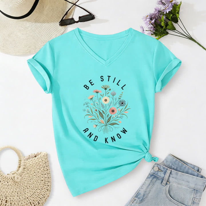 Christianartworkshop Be Still And Know Floral Knot Hem Women's V Neck Tee - Blue - 2XL - image 22