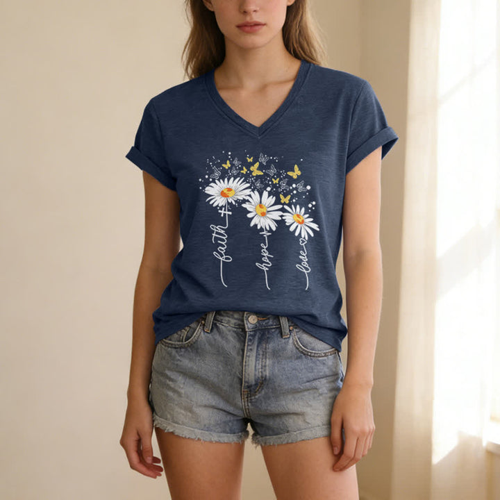 Christianartworkshop Faith Hope Love Daisy Butterfly Women's V Neck Tee - image 3
