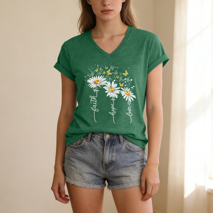 Christianartworkshop Faith Hope Love Daisy Butterfly Women's V Neck Tee - image 1