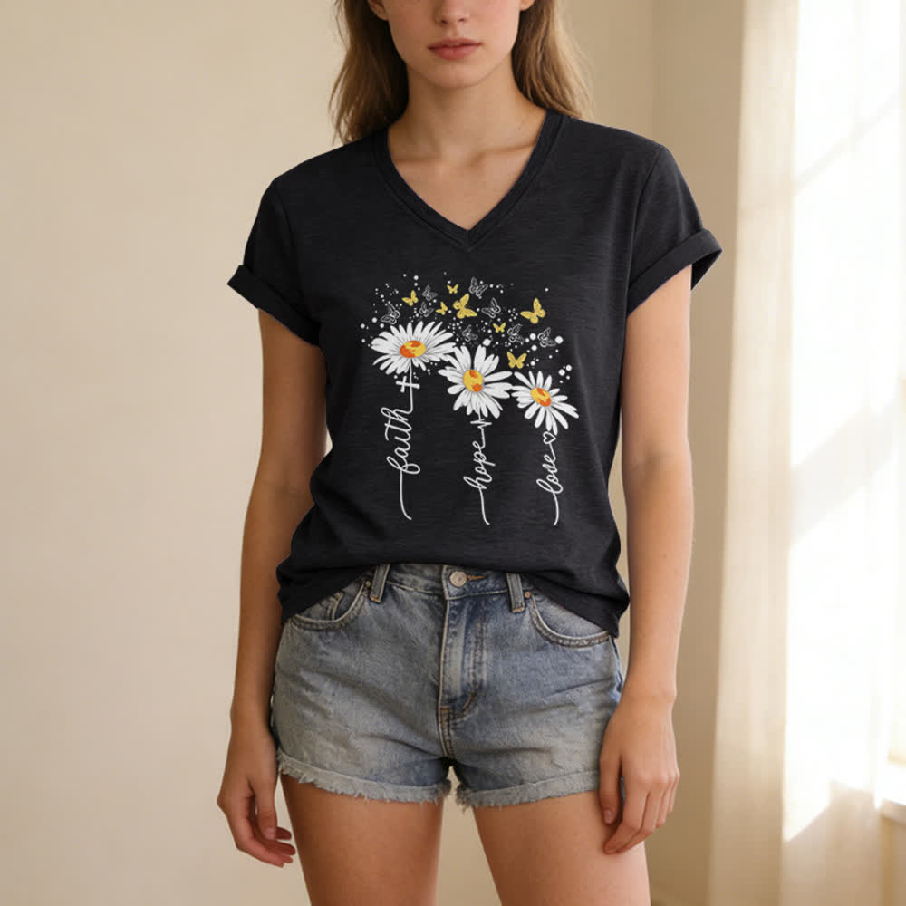 Christianartworkshop Faith Hope Love Daisy Butterfly Women's V Neck Tee - image 7