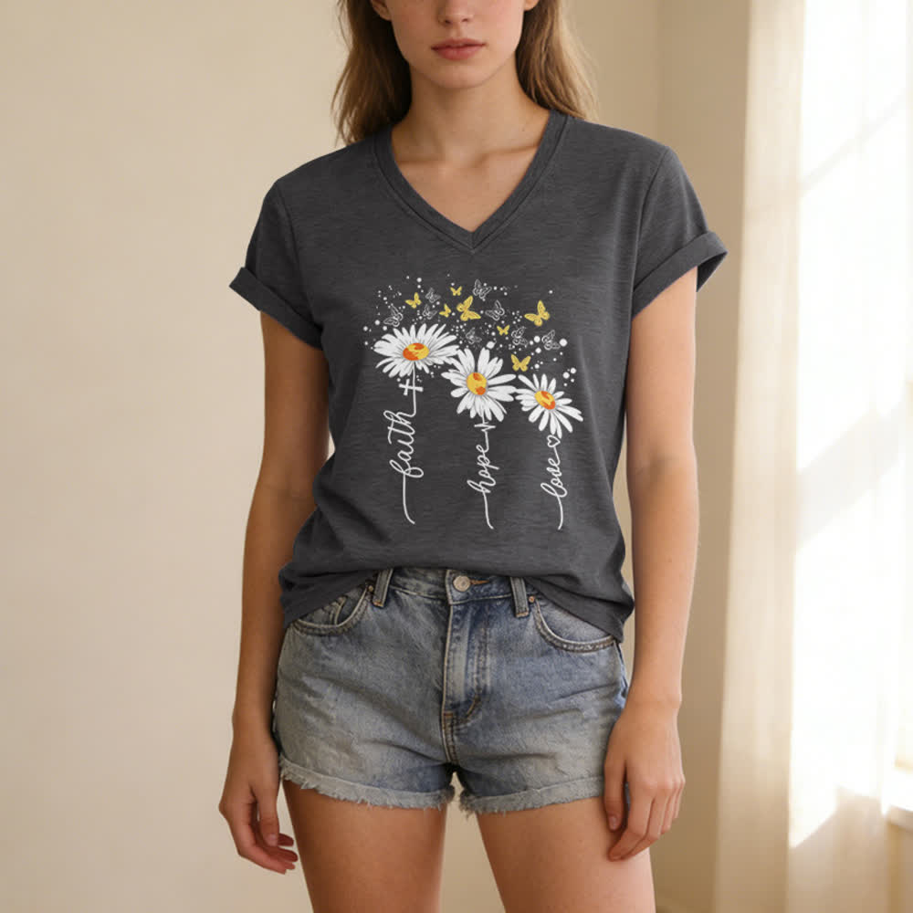 Christianartworkshop Faith Hope Love Daisy Butterfly Women's V Neck Tee - image 11