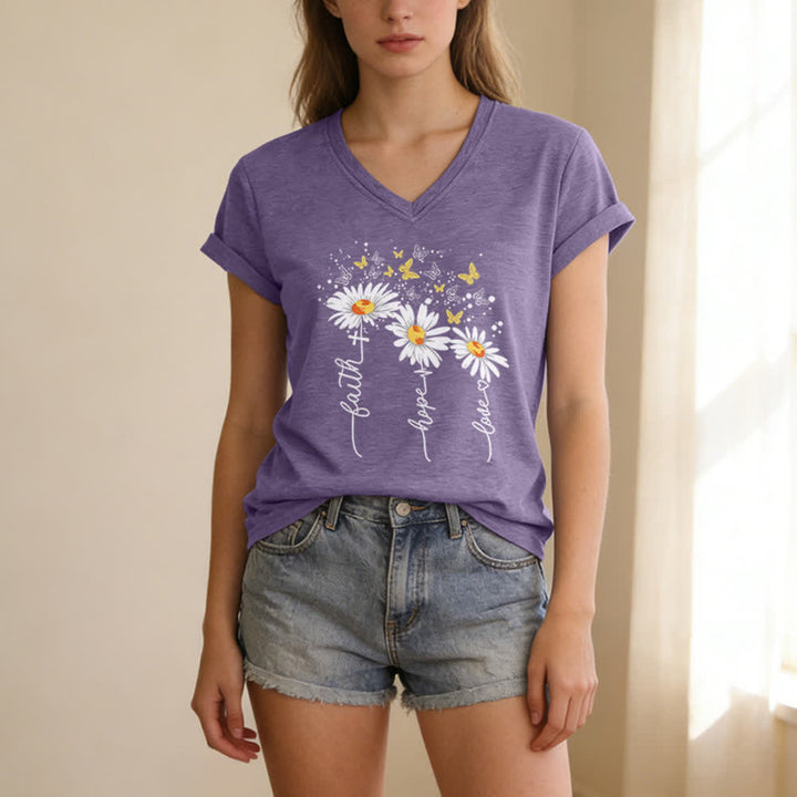 Christianartworkshop Faith Hope Love Daisy Butterfly Women's V Neck Tee - image 15