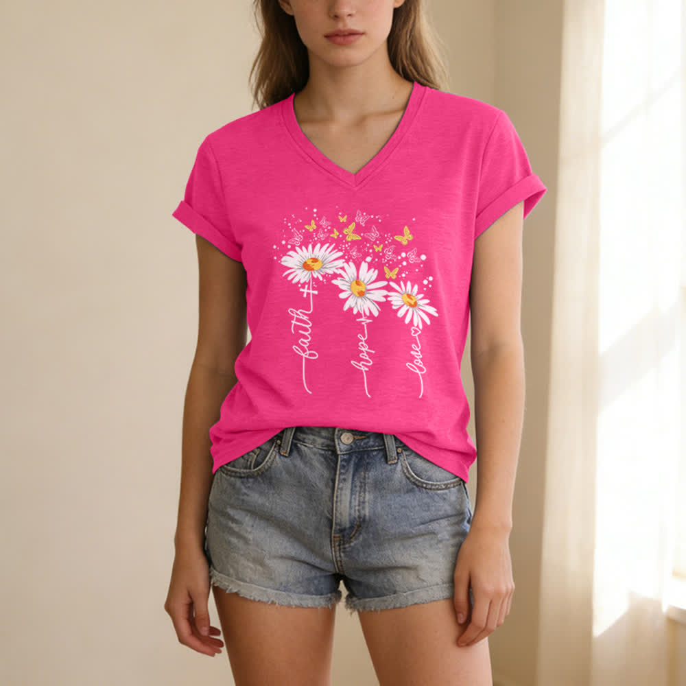 Christianartworkshop Faith Hope Love Daisy Butterfly Women's V Neck Tee - image 13