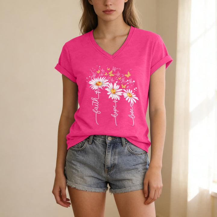 Christianartworkshop Faith Hope Love Daisy Butterfly Women's V Neck Tee - image 13