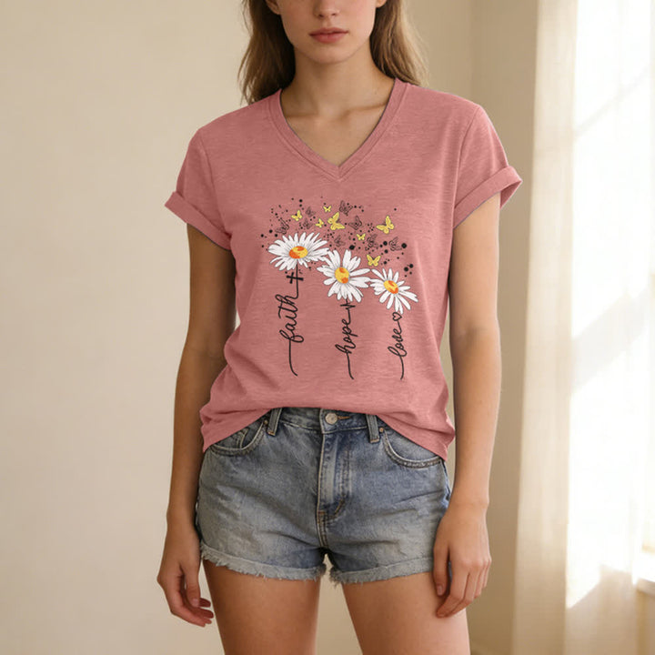 Christianartworkshop Faith Hope Love Daisy Butterfly Women's V Neck Tee - image 19