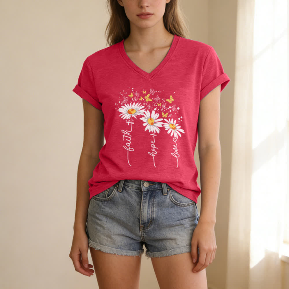 Christianartworkshop Faith Hope Love Daisy Butterfly Women's V Neck Tee - Pink - 2XL - image 9
