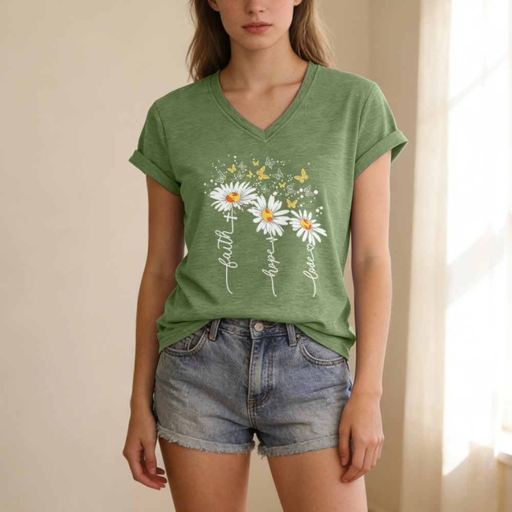Christianartworkshop Faith Hope Love Daisy Butterfly Women's V Neck Tee - image 25