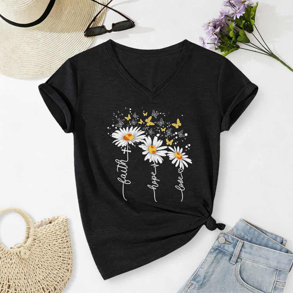 Christianartworkshop Faith Hope Love Daisy Butterfly Women's V Neck Tee - Black - 2XL - image 6