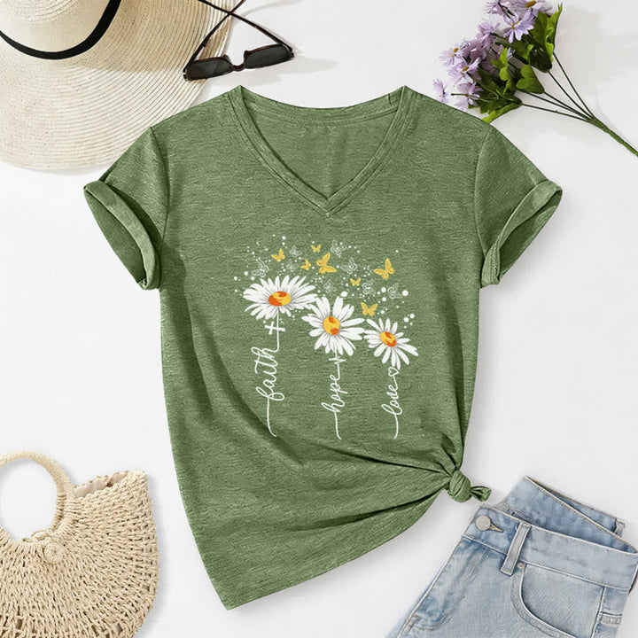 Christianartworkshop Faith Hope Love Daisy Butterfly Women's V Neck Tee - image 24