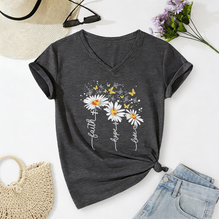 Christianartworkshop Faith Hope Love Daisy Butterfly Women's V Neck Tee - Dark Grey - 2XL - image 10